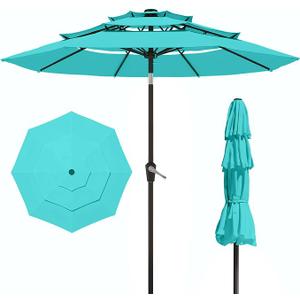 Patio Kingdom 10FT Patio Umbrella 3 Tiers Outdoor Market Umbrella w/Push Button Tilt, Crank, UV and Waterproof Table Umbrella for Garden, Pool, Backyard, Deck, Lawn, Aqua Blue