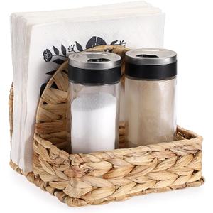 Sumnacon Wicker Napkin Holders with Salt and Pepper Shakers Caddy, Standing Napkin Dispenser with Condiment Tray, Farmhouse Upright Napkin Basket for Kitchen Dining Table Centerpiece (No Shakers) (6.3x6.3x5.6 Inch)