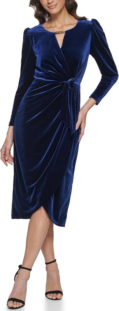 kensie Womens Faux Wrap Velvet Gold Hardware Neckline DressCasual Dress 10