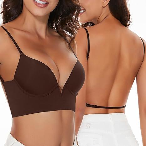 Low Back Bras-Seamless Deep-V Plunge Invisible Backless Bra-Lightly Lined Underwire Halter Multiway Low Cut Bra
34C