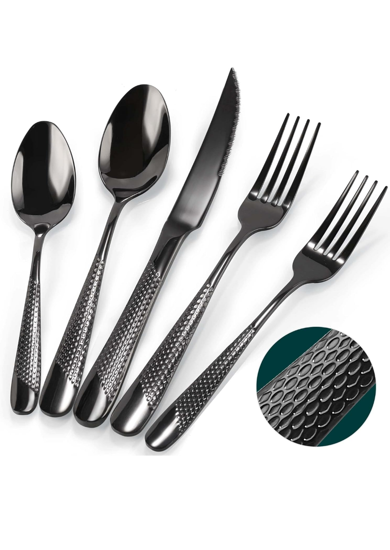 PUREAIN Silverware Set, Black Hammered Flatware Set for 4,  Mirror Polished Stainless Steel Cutlery Set for Home, Kitchen, Restaurant and Hotel, Dishwasher Safe