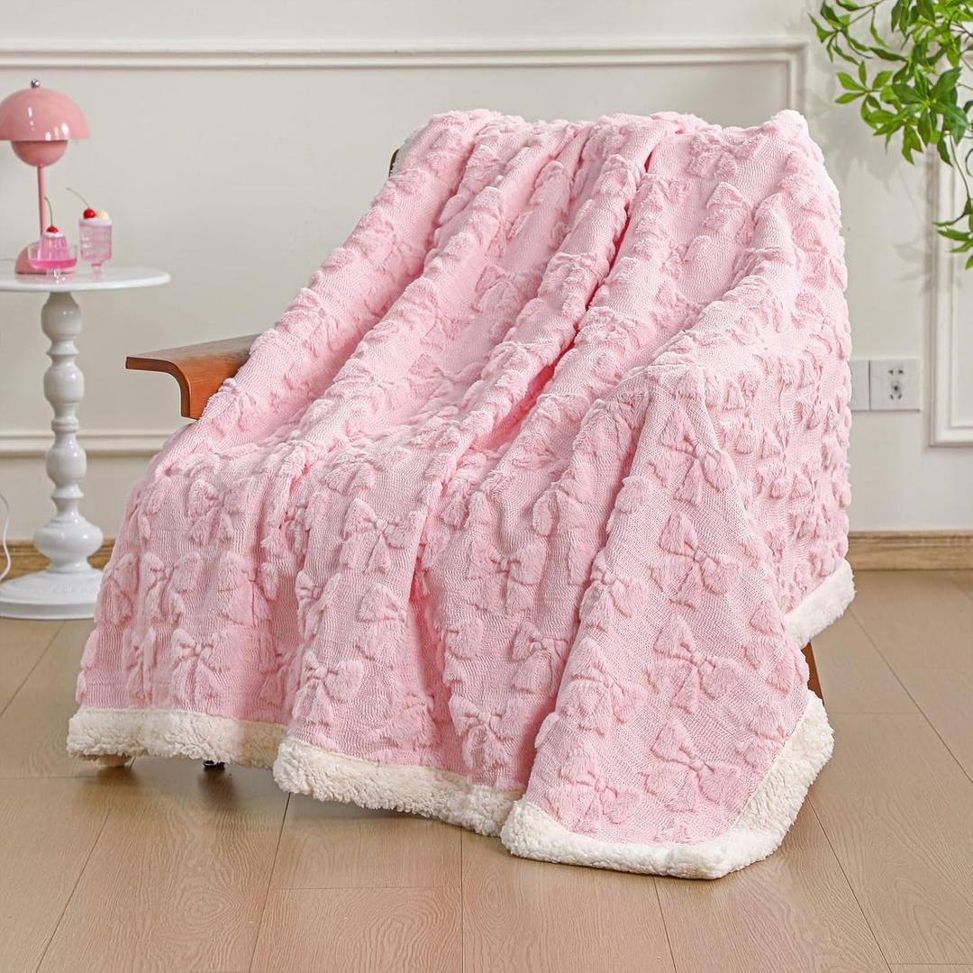 Breling Bow Sherpa Throw Blanket 50"x 60" Coquette Plush Thick Warm Soft Cute Blanket for Bed Sofa Couch Aesthetic Preppy Bedding Stuff Room Decor Gifts for Fall Thanksgiving Christmas (Pink)
