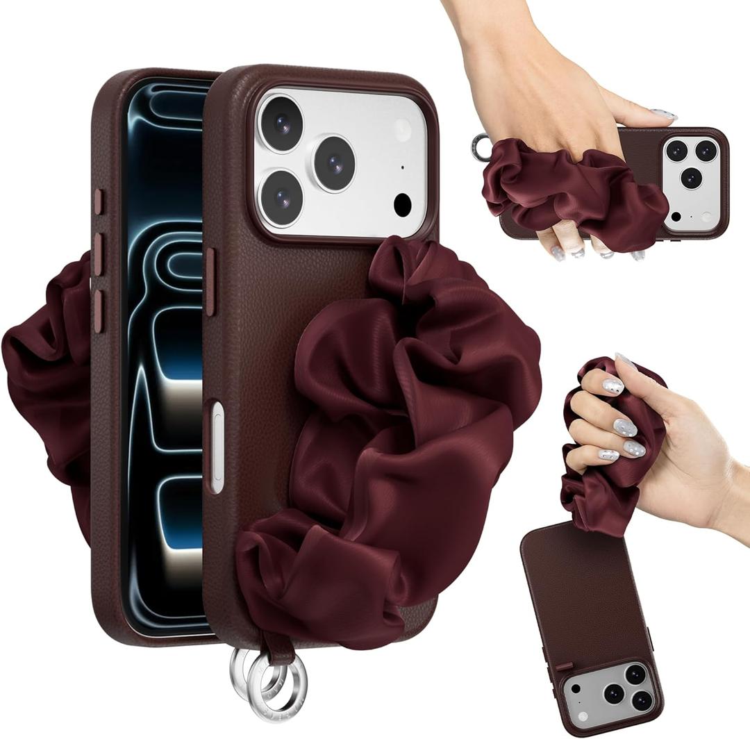 MAGEASY Compatible with iPhone 17 Pro 6.3" Case with Wrist Strap & Finger Loop - Scarf-Bracelet, Premium Leather, MagSafe Compatible, 16 ft Military-Grade Drop Protection - Foulard M (Burgundy)