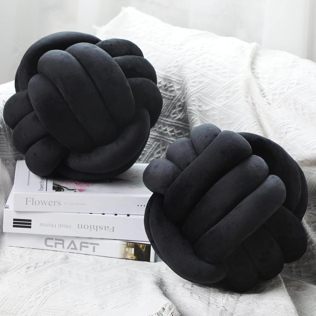 Namalu 2 Pcs Soft Knot Pillow Ball, Decorative Round Throw, Soft Knotted Plush Pillows, Handmade Stuffed Ball Pillows Cushion for Bedroom Sofa Couch Home Decor(10.6 Inches,Black)