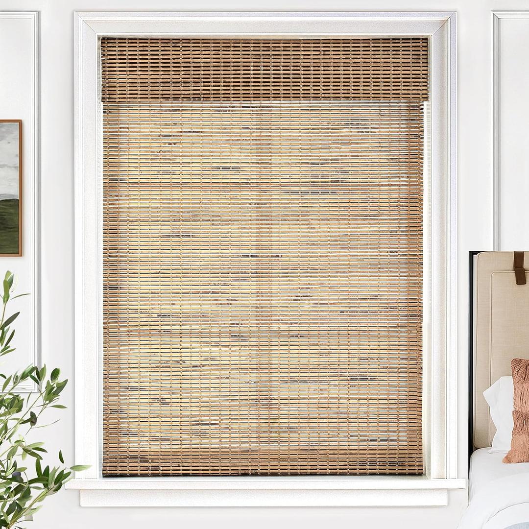 UNISHADES Cordless Bamboo Roman Shades, 28.564 in, Tatami | Thin Bamboo Strip Weaving Technique, Light Filtering without obstructing the view