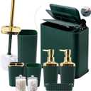 XLHOMO 9-Piece Dark Green Bathroom Accessories Set - Slim Pop-up Trash Can with Lid, Toilet Brush, Soap Dispenser & Apothecary Jars - Luxury Emerald Decor for Small Spaces