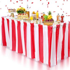 2 Pack Carnival Table Skirt Party Decorations, Red and White Striped Table Skirts, Disposable Table Decorations for Concession Stand Carnival Circus Themed Party Supplies Decorations, 2.4 x 14 Ft