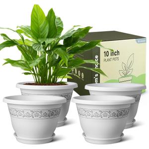10 Inch Plant Pots with Drainage Hole - Lightweight Flower Pots for Herbs and Flowers - Home Decor Plastic Planters for Indoor Outdoor Plants- Pack of 4 (White, 10 inch)