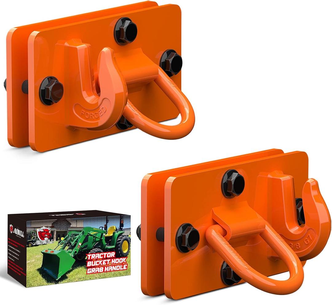 2 Pack Tractor Bucket Hooks with Tie Down Ring, Grade 70 Forged Steel Bolt On Grab Hook Tow Hook Mount with Backer Plate, Work Well for Tractor Bucket, RV, UTV, Truck, Max 15,000 lbs Orange