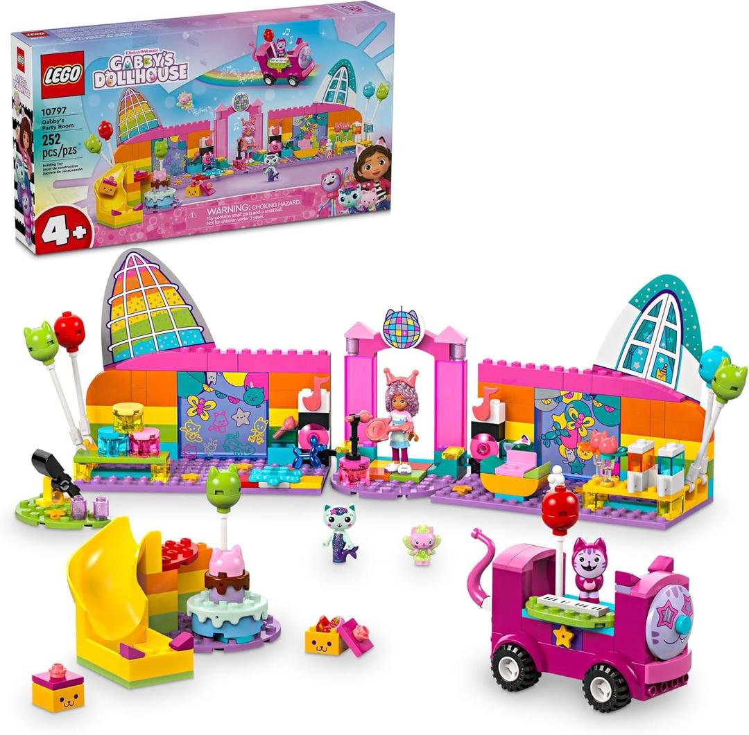 LEGO Gabbys Dollhouse Gabbys Party Room Disco Playset for Kids, DJ Entertainment Toy with Slide, Pink Car, and Animal Figures, Creative Role Play for Girls and Boys Ages 4 and Up, 10797