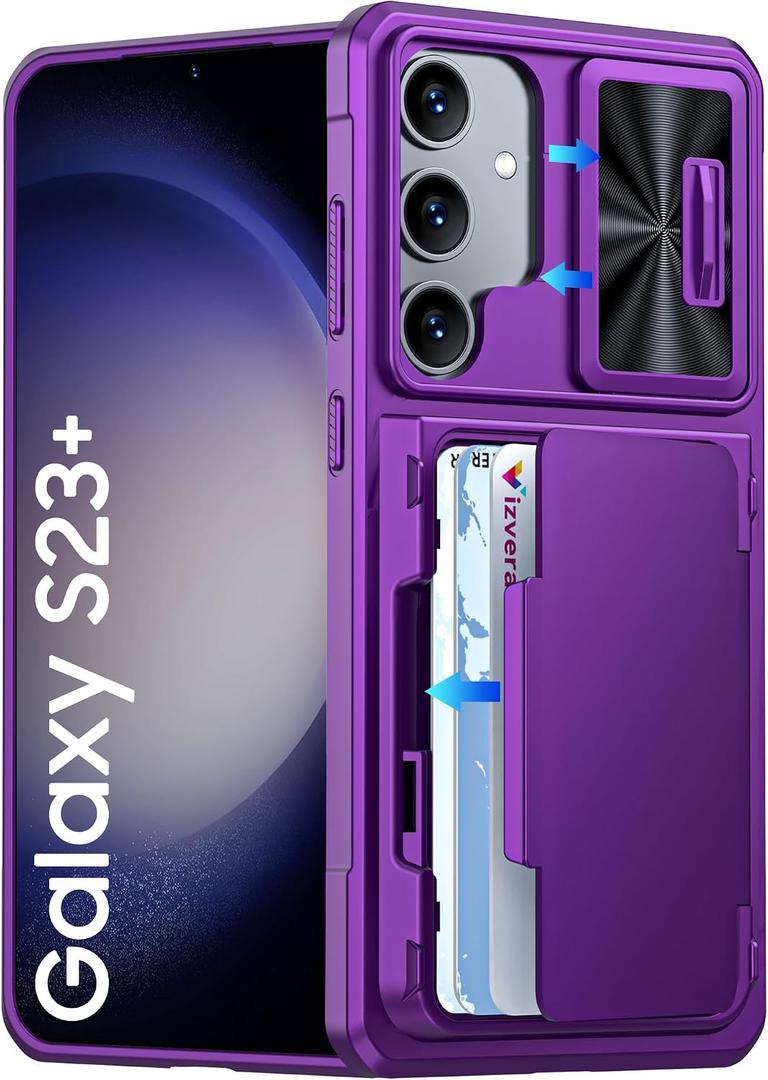 Vizvera for Samsung Galaxy S23 Plus Case Wallet, RFID Cards Holder (4 Cards) & Camera Cover & Kickstand for Women Men, Full Body Shockproof Silicone Case for S23 Plus 6.6"-Purple