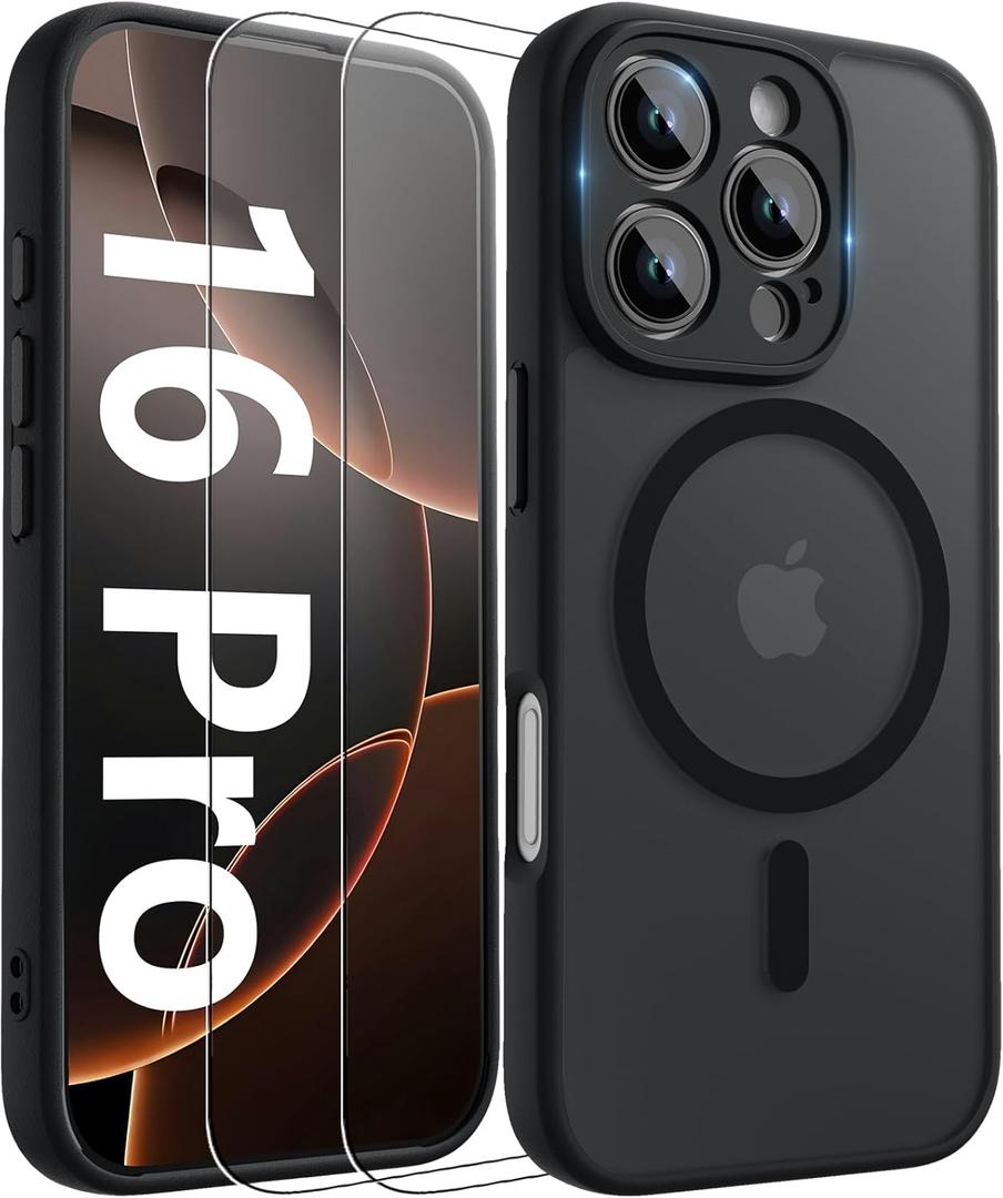 Innaght Magnetic for iPhone 16 Pro Case[Compatible with MagSafe][Camera Protection][2+Full Coverage Tempered Glass Screen Protector][Translucent Matte] Drop Protection Phone Case,6.3",Black