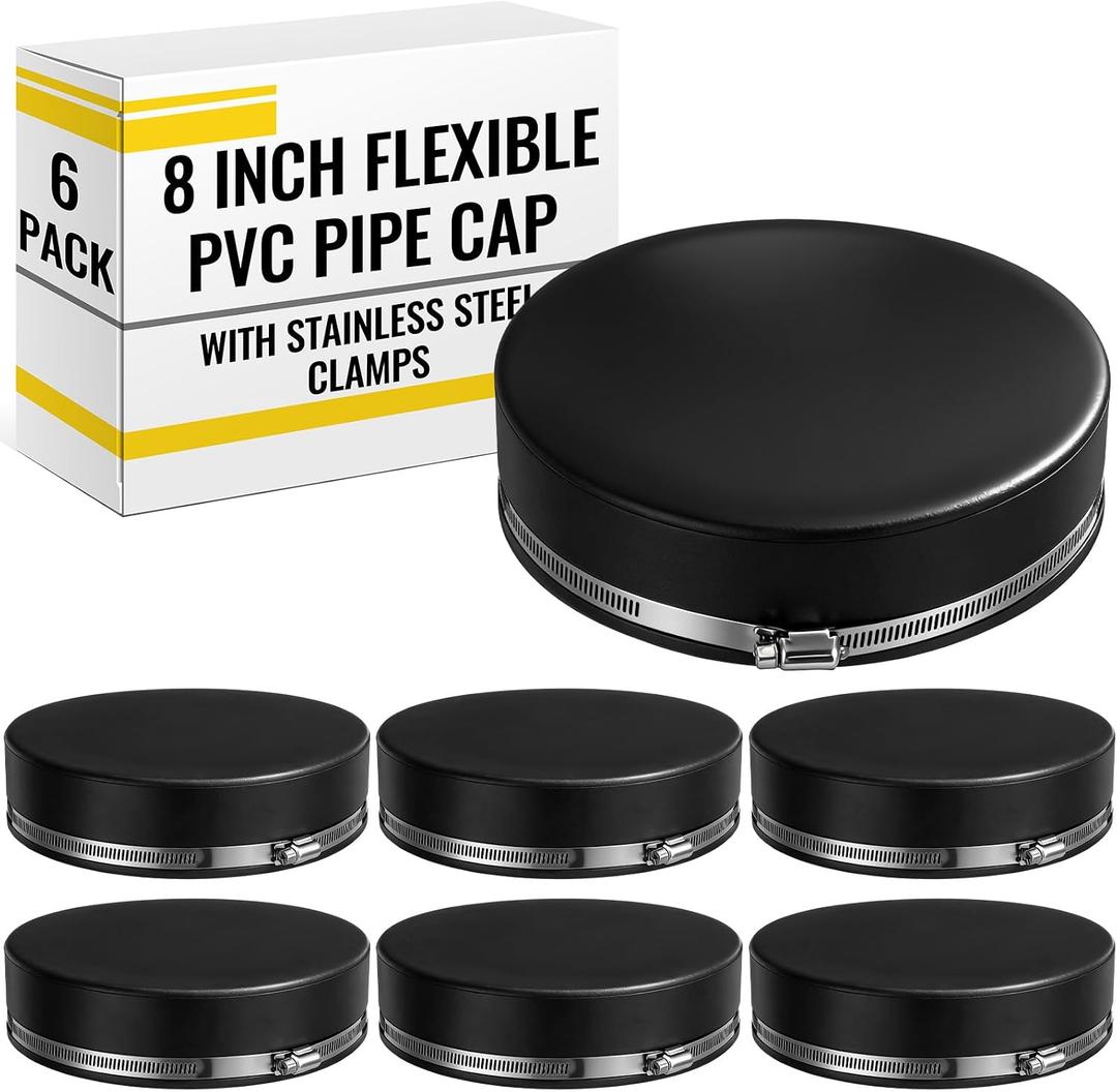 6 Pack 8 Inch Flexible PVC Pipe Cap with Stainless Steel Clamps - Black Durable End Caps for Drainage, Wastewater & Vent Pipes, Above/below Ground Use