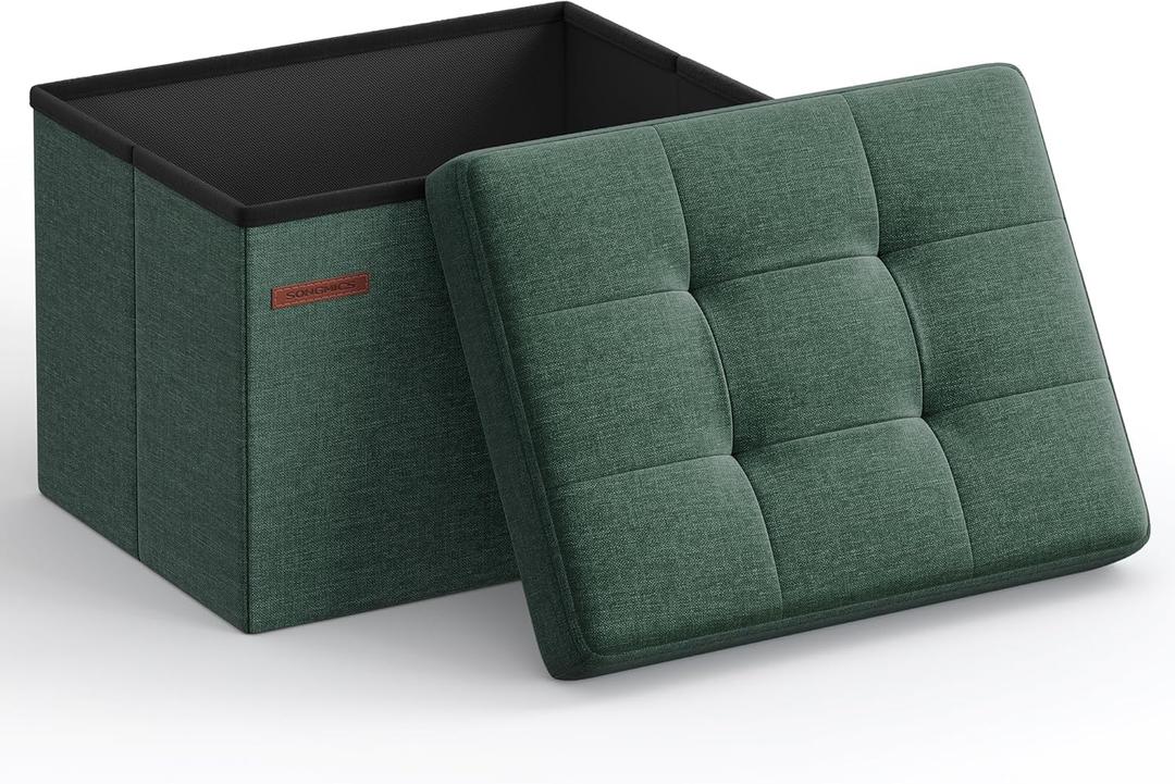 SONGMICS Mazie Collection - Small Folding Storage Ottoman, Foot Rest Stool, 12.2 x 16.1 x 12.2 Inches, 286 lb Load Capacity, for Living Room, Bedroom, Home Office, Dorm, Retro Green ULSF102C01