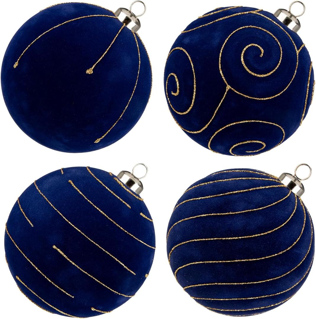 Velvet Christmas Ornaments Large Christmas Balls Ornament 4.7" Blue Velvet Ornaments for Christmas Tree Balls Xmas Wedding Holiday Halloween Party Big Flocked Decorative Hanging Ornament 4 Pcs