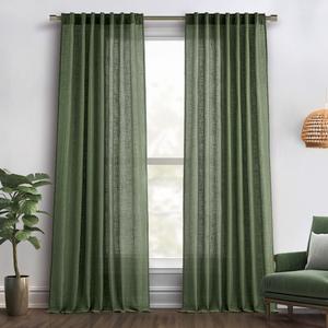 MIULEE Olive Green Linen Boho Curtains 96 Inches Long 2 Panels for Bedroom Living Room, Back Tab & Pleat Tape with Hooks Thick Linen Textured Window Drapes Semi Sheer Light Filtering Aesthetic Decor