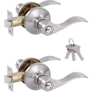 2 Pack Door Levers Interior Keyed Difference Entry Front/Bedroom Door Handles for Left and Right Opened Door with Lock and Keys Set in Satin Nickel