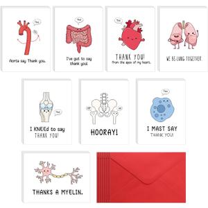 24 Sets Funny Nurse Thank You Cards Nurse Pun Appreciation Cards with Envelopes for Hospital Doctors Healthcare Workers Essential Party Favor(Human Organs)