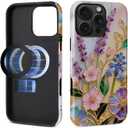 CARLOCA for iPhone 15 Pro Compatible with Magsafe Full Body Protective Glossy Case, for Girl Boy Shockproof Magnetic Charge Esthetics Pattern Golden Lavender Flowers White Marble Stained Glass