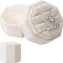 Gvhntk Velvet 3 Slots Jewelry Ring Box Vintage Octagon Ring Display Holder Gift Premium Gorgeous Case with Detachable Lid for Wedding Engagement Proposal Keepsake Ceremony (Beige)