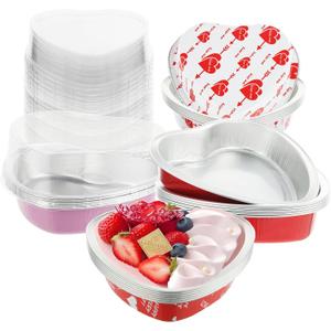 24 Sets Valentine's Day Large Heart Shaped Cake Pans with Lids, 255ml/9oz Disposable Heart Cake Pan Cupcake Baking Cups Liners Tins Ramekins Containers for Valentine's Day Food Wedding Birthday Party