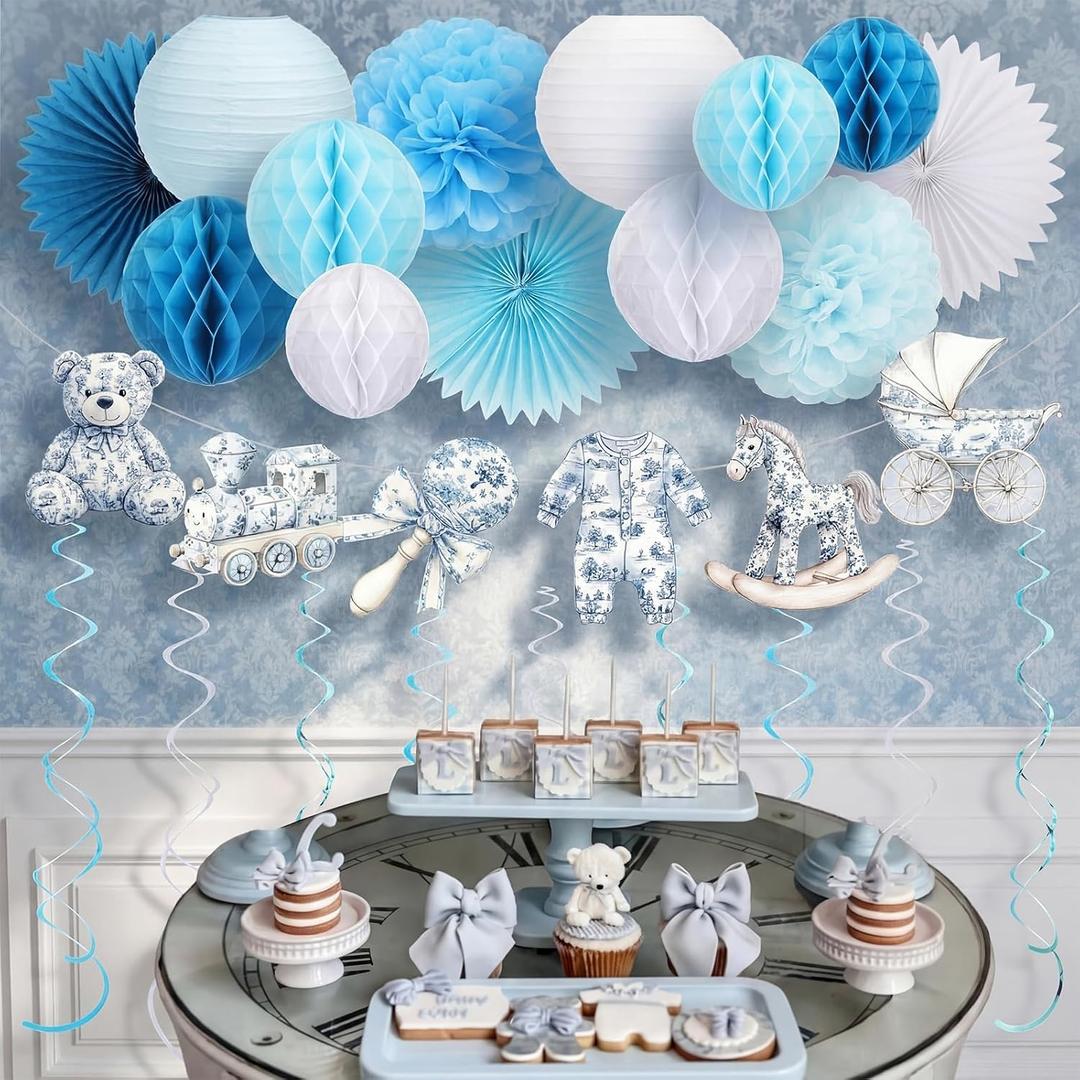 Epakh 23 Pcs Blue Toile De Jouy Baby Shower Decoration Pre-strung Vintage Blue Pink Toile De Jouy Sign with Honeycomb Ball Paper Flower Lantern Fan Hanging Swirl for Boy Baby Shower Decoration