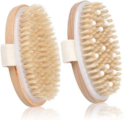 2 Pack Dry Brushing Body Brush, Natural Bristle Exfoliating Brush with Massage Nodes, for Lymphatic Drainage and Improving Skin Health and Reduces Acne