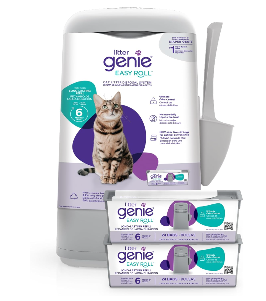 Bundle of Litter Genie Easy Roll Pail & Refill | Cat Litter Box Waste Disposal System for Odor Control with 2 Long Lasting Refills (24 Bags Each)