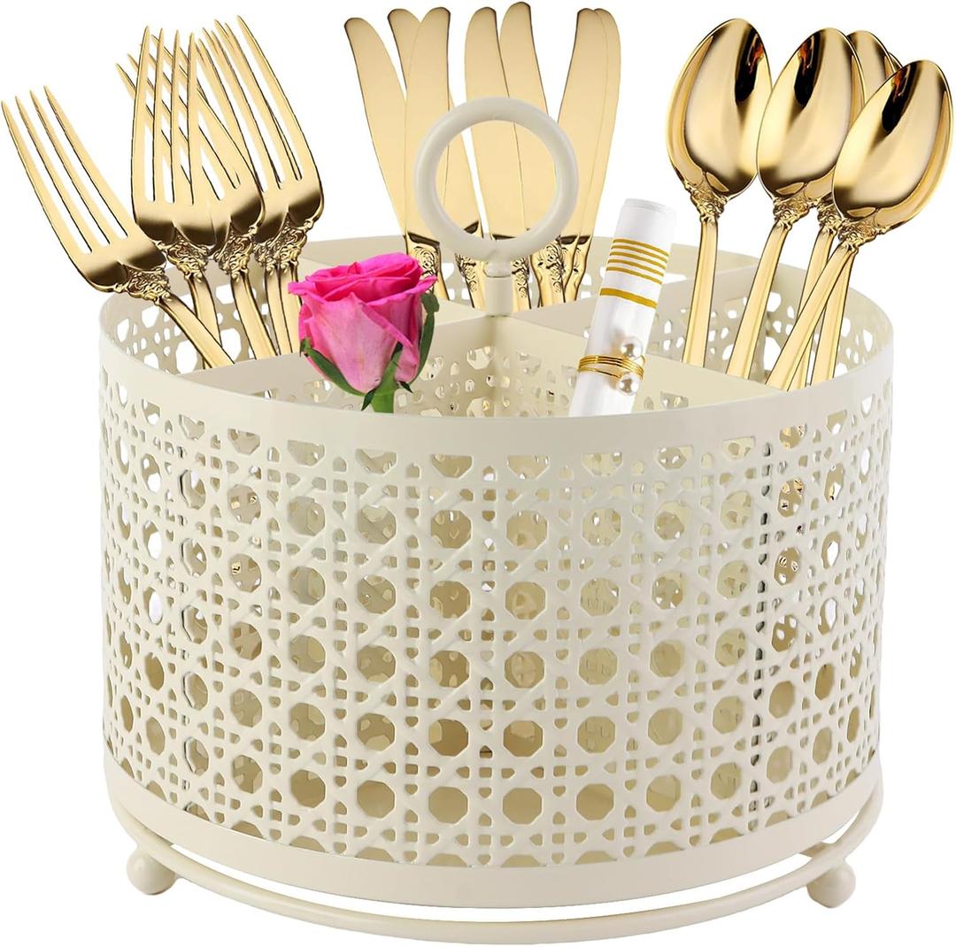 NelyBet 360 Rotating Rotating Utensil Caddy With Handle, Cutlery Silverware Caddy Holder Flatware Organizer with 4 Compartment For Kitchen Countertop Party Office Cream White