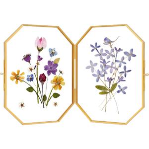 Double Glass Picture Frame Handmade, Glass Pressed Flower Frame, Hinged Tabletop Brass Photo Frames, Dried Flower Display Folding Frame for Home, Octagon, Gold, 68 Inches (6L" x 8W")