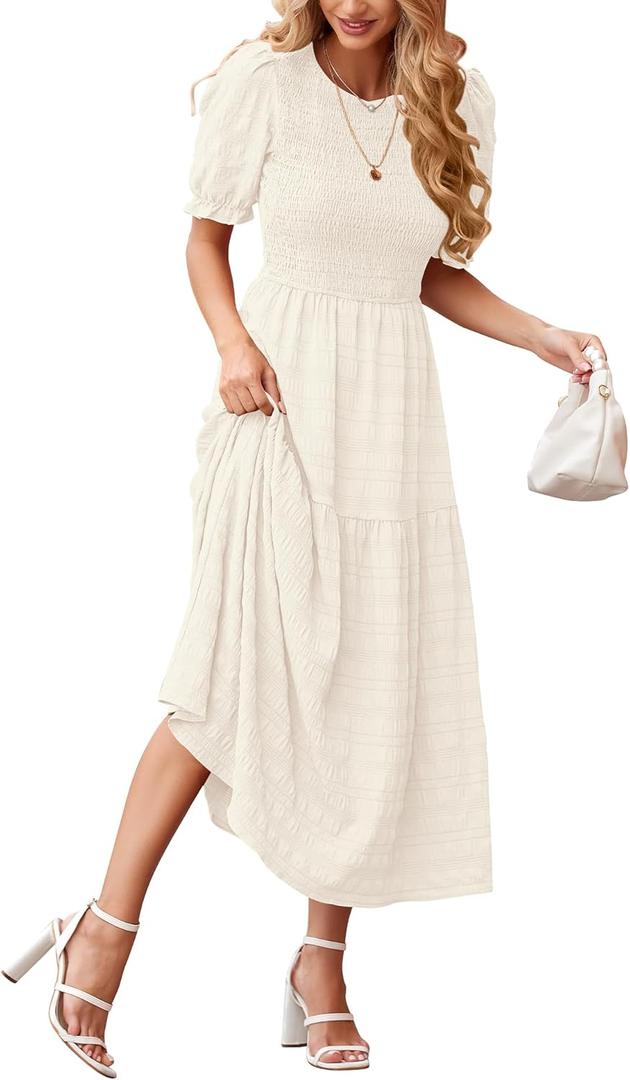 dowerme Womens Summer Dresses 2026 Casual Puff Short Sleeve Crewneck Smocked Flowy Ruffle Boho Beach Party Maxi Sundress (Large, Beige)