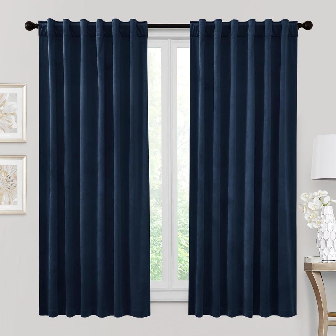 RYB HOME Velvet Curtains 63 inches Length, Back Tab & Rod Pocket Soft Fabric Curtains & Drapes for Bedroom Bathroom Cafe, Navy Blue, W 42 x L 63, 2 Panels Set