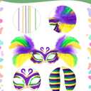 Vicenpal Mardi Gras Costume for Women, 9 Pcs Complete Carnival Outfit Set with Tutu Skirt, Sequin Hat, Feather Mask, Suspenders, Beads Necklace and Striped Socks for Tuesday Parade Party