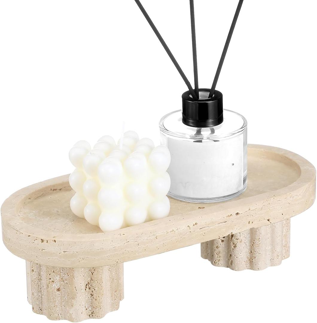 Natural Travertine Oval Tray with Legs 10 Inches Marble Tray for Bathroom Stone Countertop Decoration Organizer for Bathroom Vanity Bedroom Kitchen for Perfume Candles Jewelry Dish Decor