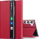 for Samsung Galaxy S23 5G Case Clear View Window Hard PC for Samsung S23 Phone Case Slim Mirror Kickstand Luxury Flip Shockproof Galaxy S23 5g Protective Cover (Red)