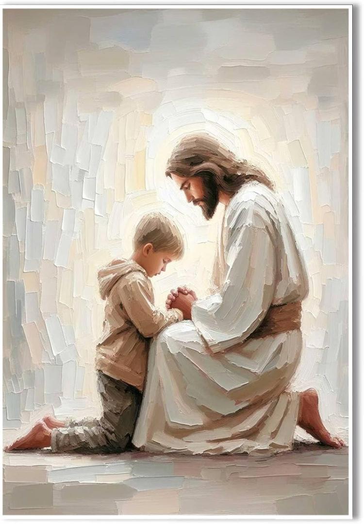 Jesus and Boy Christian Art - Kids Praying with Children - LDS Bible Painting Home Decor Wall Art (12x18in Frameless)