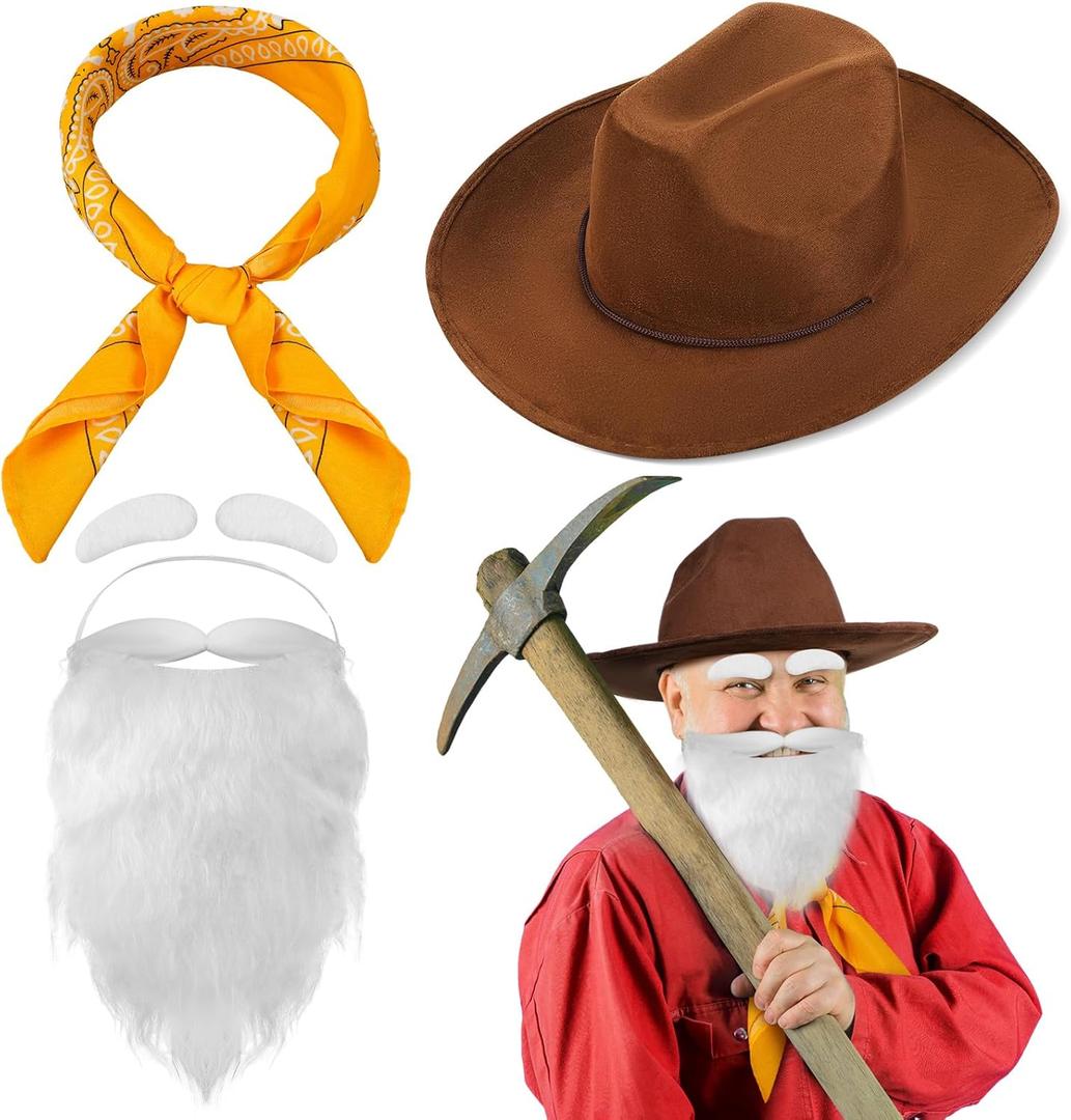 4 Pcs Halloween Prospector Costume Accessories Include Cowboy Costume Hat Paisley Bandana Fake Beard and Eyebrows for Adults Halloween Cosplay Party