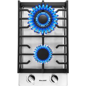 Gas Cooktop 2 Burners Built-in Gas Stove Top,LPG/NG Dual Fuel Continuous Grates,Auto Ignition,Thermocouple Protection,Stainless Steel,Heavy Duty Cast Iron 120V (12 inch)
