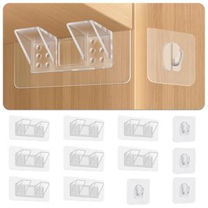 8-Pack Clear Adhesive Double Shelf Brackets & 4 Heavy-Duty Hooks, 5.9x2.8 Inch PVC Shelf Supports & 2.4x2.4 Inch Sticky Hooks for Cabinet, Closet, Bathroom  No Drill, Space-Saving Organizer