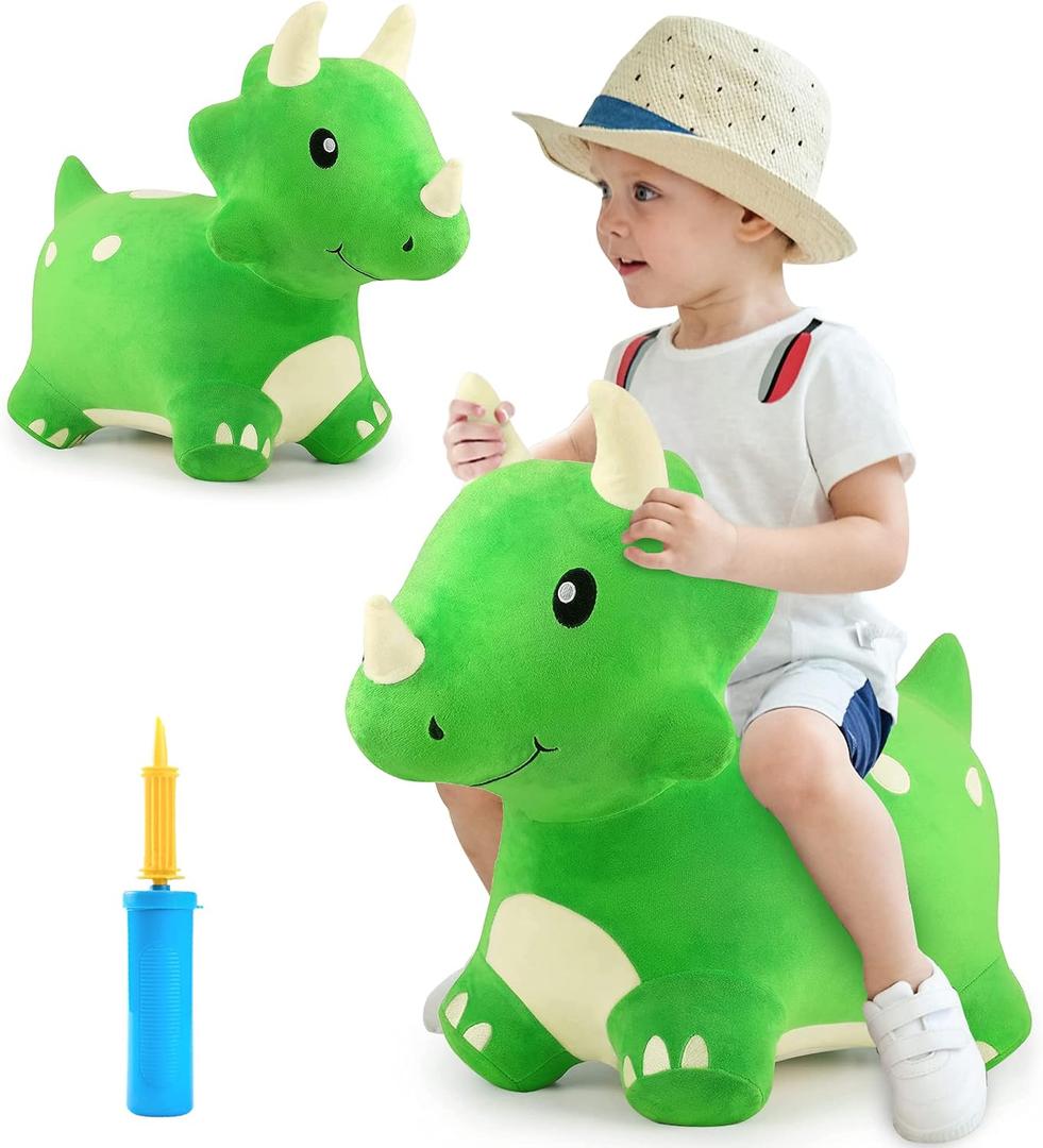 iPlay, iLearn Bouncy Pals Dinosaur Hopper Toy 2 Year Old Boy, Toddler Plush Bounce Animals, Ride on Bouncing Triceratops for Kids, Outdoor Hopping Horse Bouncer, Cool Birthday Gifts 3 4 5 6 Yr Girls, Large