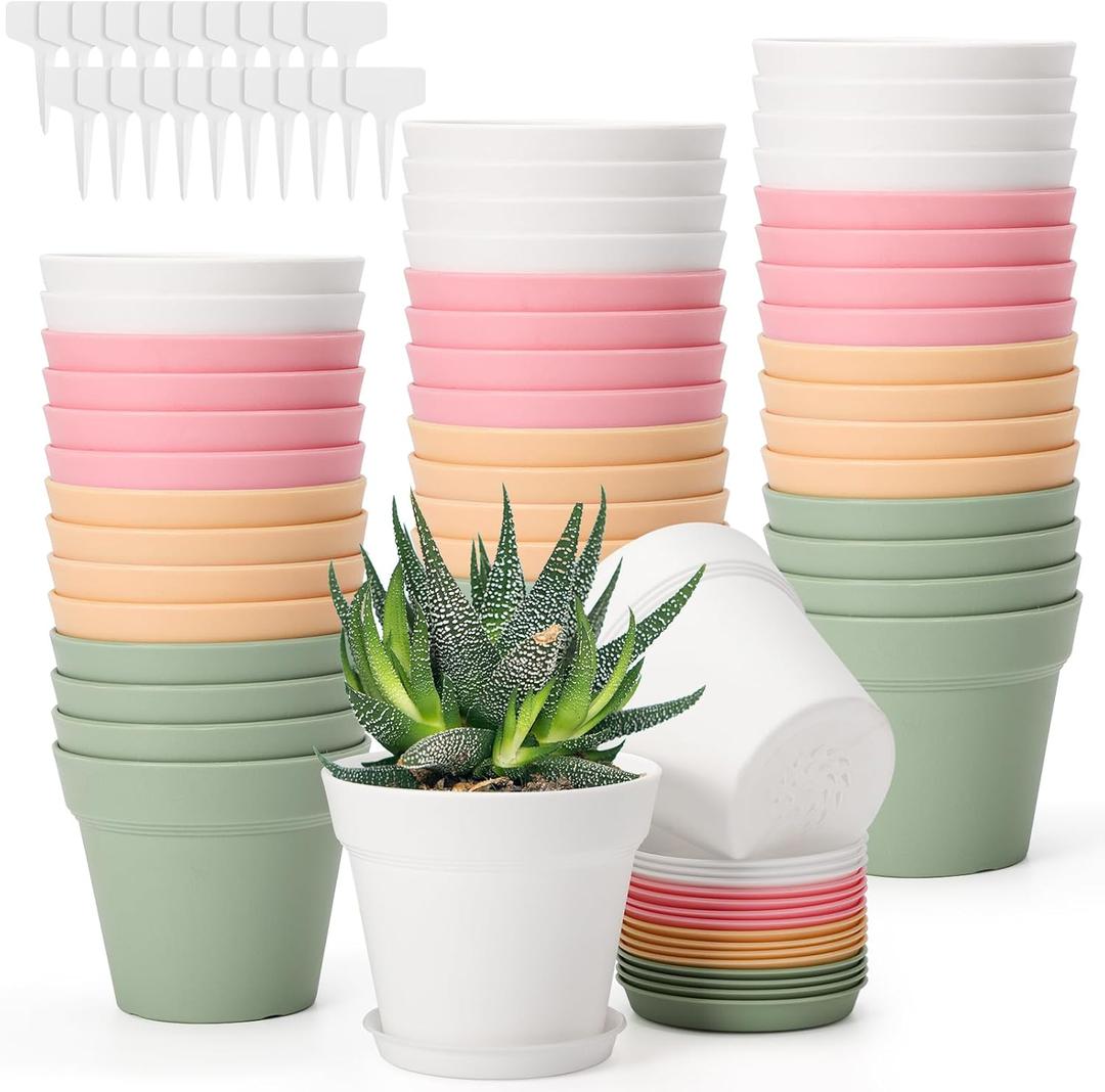 GREANER 48 Packs Succulent Pots, Colorful Small Flower Pots with Drainage Holes and Tray, Plastic Planters with 20 Pcs Plant Labels for Indoor Plants(4 Inch)