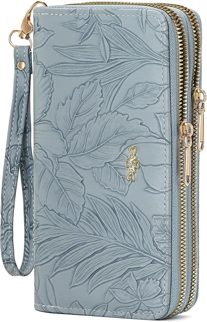 Wallet for Women Clutch Double Zip Around Credit Card Holder Leather Women's Wallet Large Capacity (1A-Light Blue)