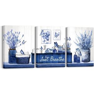 RnnJoile Navy Blue Bathroom Decor Botanical Butterflies Wall Art Just Breathe Sign Canvas Painting for Home Bathroom Decorations 12"x16" Each