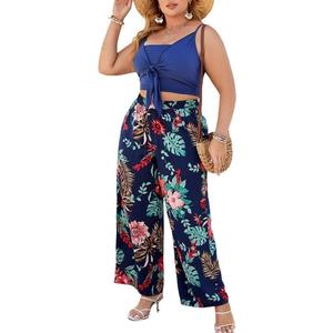 Two Piece Sets for Women Plus Size Vacation Outfits, Boho Chic Travel Outfits with Crop Top and Wide Leg Pants (1X, Blue)