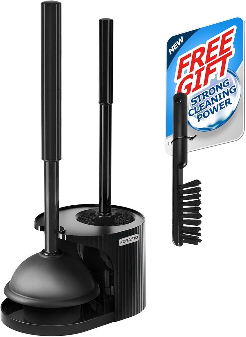 2 in 1 Toilet Plunger and Brush Set, Toilet Bowl Cleaning Combo, Groove Gap Brush, Black