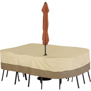 Classic Accessories Veranda Water-Resistant 88 Inch Rectangular/Oval Patio Table & Chair Set Cover with Umbrella Hole, Outdoor Table Cover