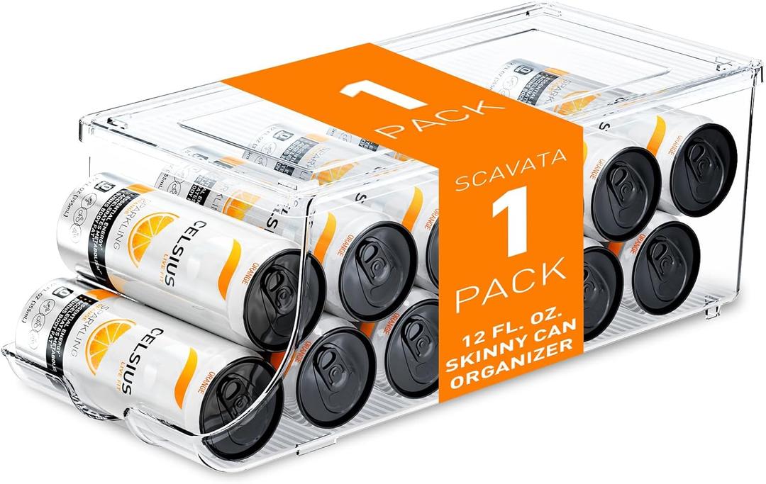 SCAVATA Skinny Can Organizer for Refrigerator, Stackable Tall Skinny Soda Pop Can Holder Dispenser with Lid for Fridge Pantry Rack Freezer, Clear Plastic Storage BinsHolds 12 Slim Cans (Seethrough)