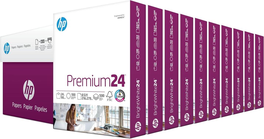 HP Papers | 8.5 x 11 Paper | Premium 24 lb | 10 Ream Case - 5000 Sheets | 100 Bright | Made in USA - FSC Certified | 112400C