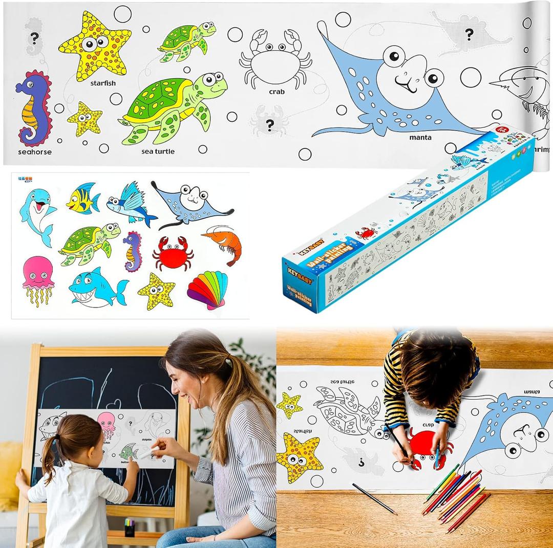 Children's Drawing RollColoring Paper Roll for Kids Gift,120 * 11.8 Inches DIY Painting Drawing Paper Roll, Sticky Drawing Paper Roll, Early Educational Toys for Kids (Ocean)