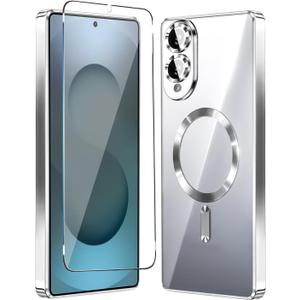 Magnetic Glossy Case for Samsung Galaxy S25 Edge,S25 Edge Phone Case Slim Clear Luxury with Screen Protector & Camera Protector [Compatible with MagSafe], Shockproof Cover for Samsung S 25 Edge-Silver